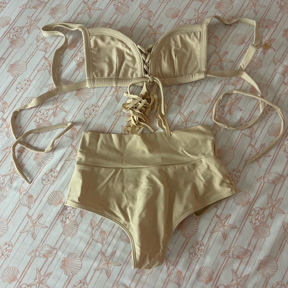 Montce Cream Lace-Up High-Waist Bikini Set